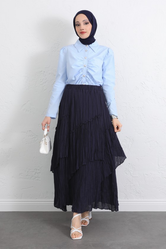 Lastik Bel Katlı Kraş Etek 2057 - LACİVERT