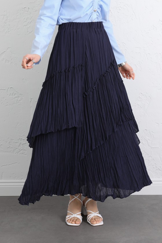 Lastik Bel Katlı Kraş Etek 2057 - LACİVERT