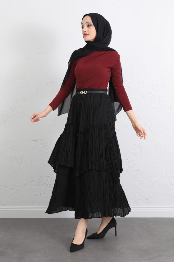 Lastik Bel Katlı Kraş Etek 2057 - SİYAH