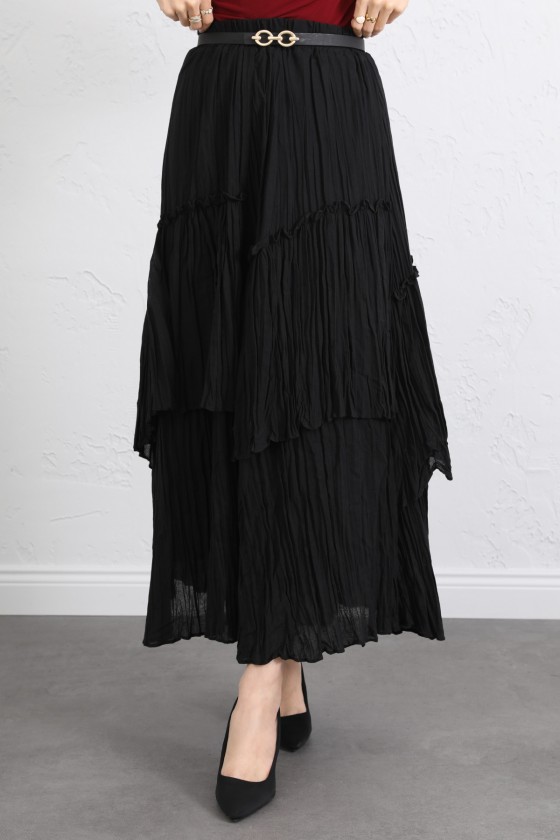 Lastik Bel Katlı Kraş Etek 2057 - SİYAH