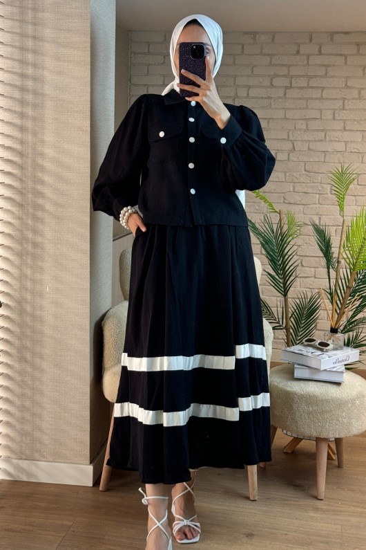 2062 Eteği Şerit Detaylı Takım - SİYAH