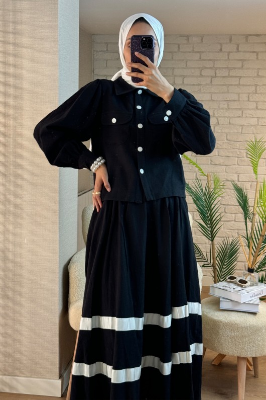 2062 Eteği Şerit Detaylı Takım - SİYAH