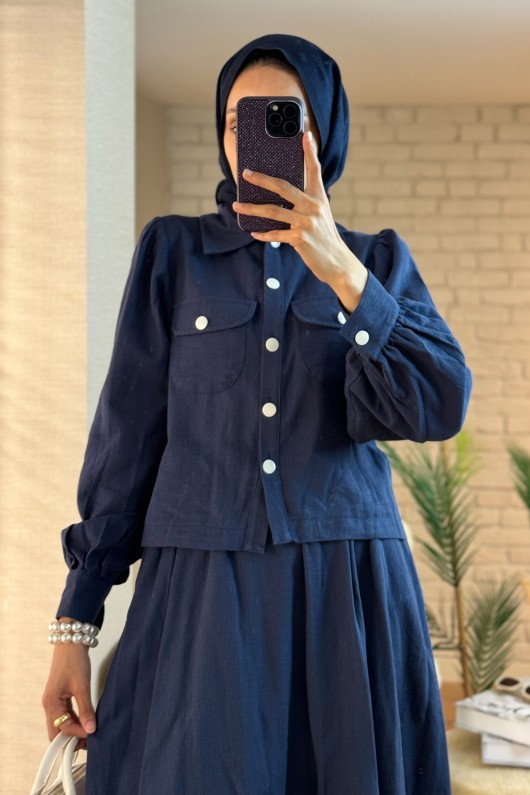 2062 Eteği Şerit Detaylı Takım - LACİVERT