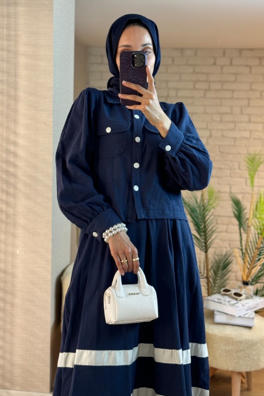 2062 Eteği Şerit Detaylı Takım - LACİVERT