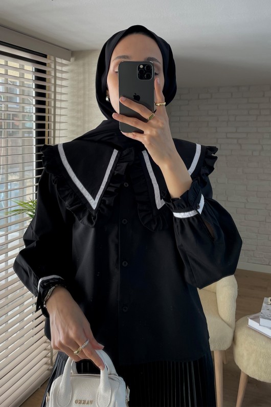 2066 Fırfır Yakalı Gömlek - SİYAH