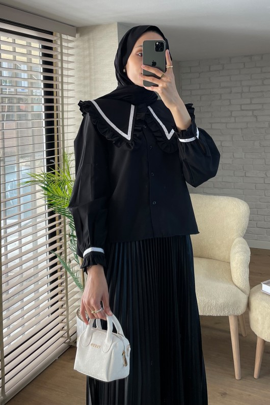 2066 Fırfır Yakalı Gömlek - SİYAH