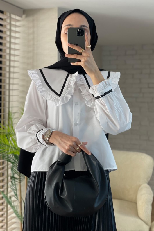 2066 Fırfır Yakalı Gömlek - BEYAZ