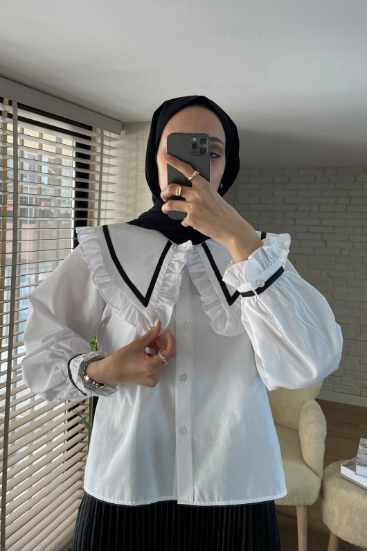 2066 Fırfır Yakalı Gömlek - BEYAZ
