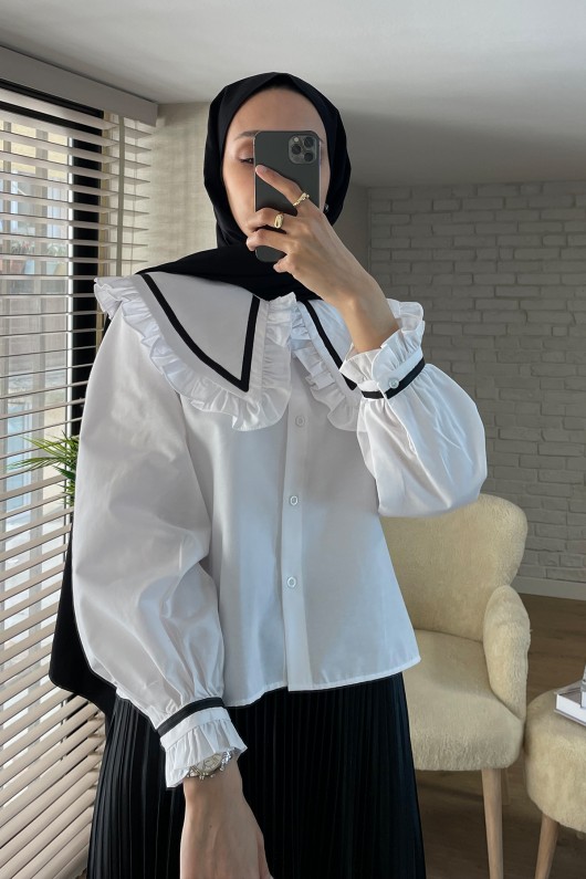 2066 Fırfır Yakalı Gömlek - BEYAZ