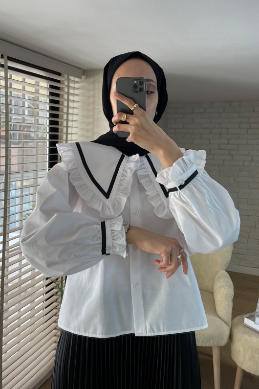 2066 Fırfır Yakalı Gömlek - BEYAZ