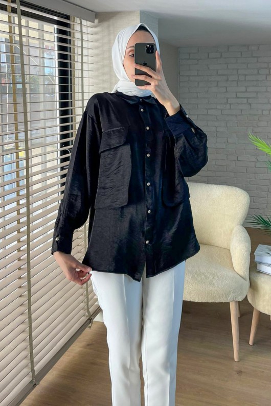 2081 Büyük Cepli Gömlek - SİYAH