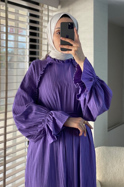 2084 Fırfır Detaylı Kuşaklı Elbise - MOR 2084 Fırfır Detaylı Kuşaklı Elbise - MOR