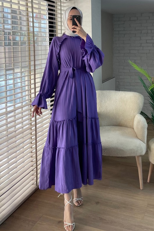 2084 Fırfır Detaylı Kuşaklı Elbise - MOR 2084 Fırfır Detaylı Kuşaklı Elbise - MOR