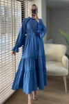 2084 Fırfır Detaylı Kuşaklı Elbise - MAVİ