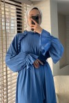 2084 Fırfır Detaylı Kuşaklı Elbise - MAVİ