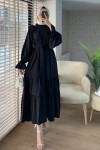 2084 Fırfır Detaylı Kuşaklı Elbise - SİYAH