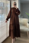 2084 Fırfır Detaylı Kuşaklı Elbise - KAHVERENGİ