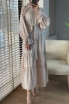 2084 Fırfır Detaylı Kuşaklı Elbise - BEJ