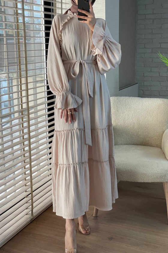 2084 Fırfır Detaylı Kuşaklı Elbise - BEJ