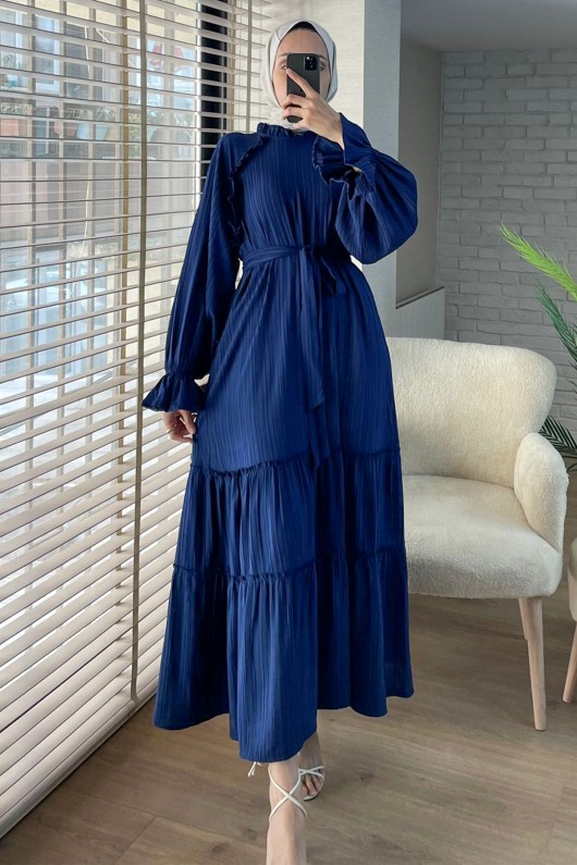 2084 Fırfır Detaylı Kuşaklı Elbise - LACİVERT