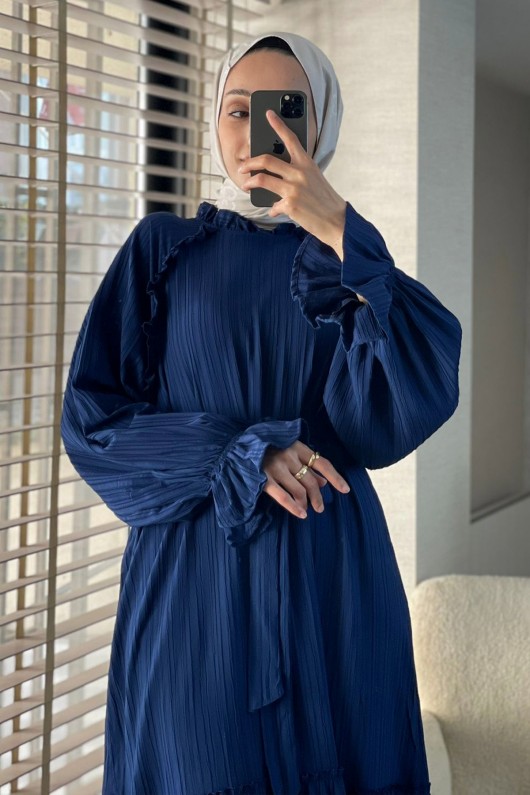 2084 Fırfır Detaylı Kuşaklı Elbise - LACİVERT