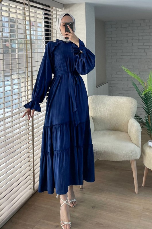 2084 Fırfır Detaylı Kuşaklı Elbise - LACİVERT