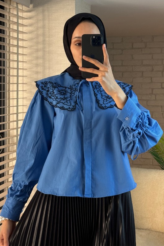 2088 Yakası Nakış Detaylı Tunik - MAVİ