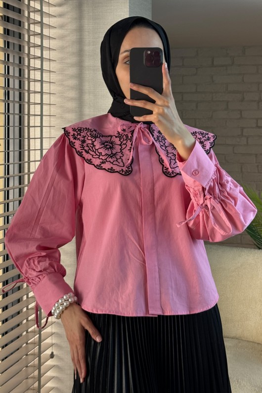 2088 Yakası Nakış Detaylı Tunik - PEMBE