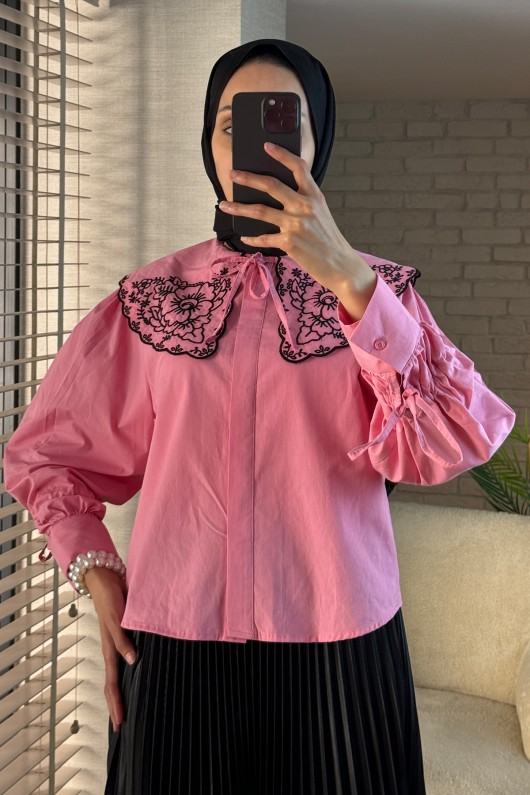 2088 Yakası Nakış Detaylı Tunik - PEMBE