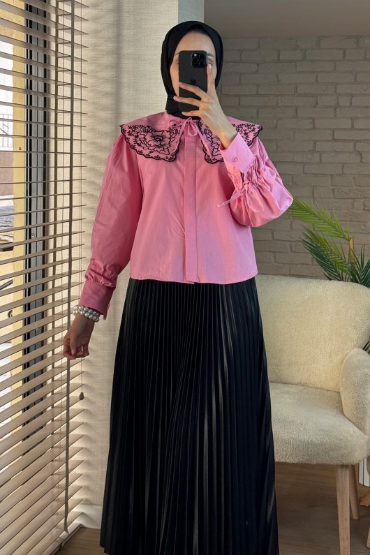 2088 Yakası Nakış Detaylı Tunik - PEMBE