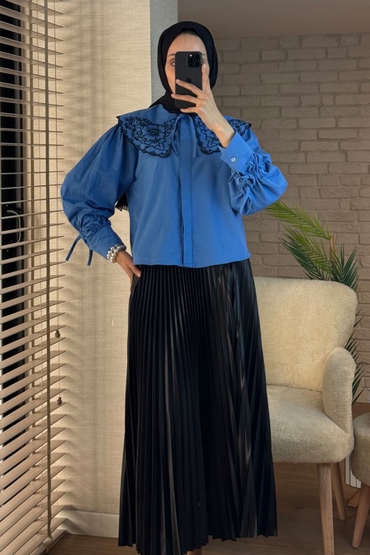 2088 Yakası Nakış Detaylı Tunik - MAVİ