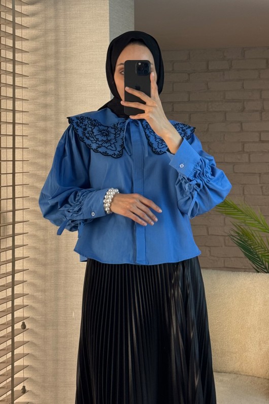 2088 Yakası Nakış Detaylı Tunik - MAVİ