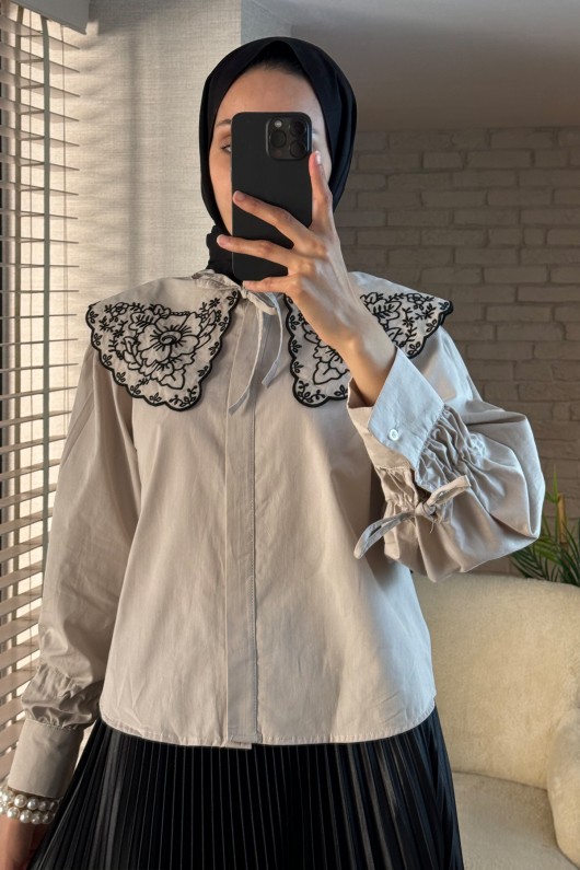 2088 Yakası Nakış Detaylı Tunik - BEJ