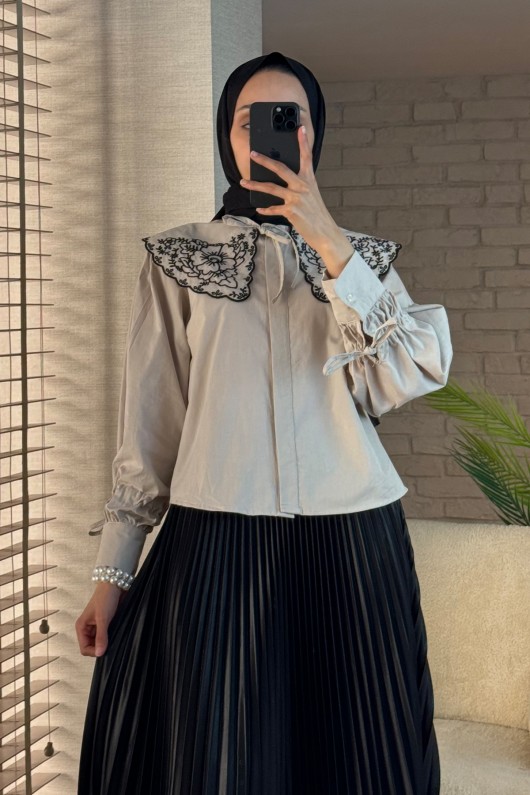 2088 Yakası Nakış Detaylı Tunik - BEJ