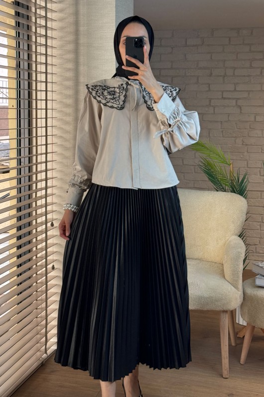 2088 Yakası Nakış Detaylı Tunik - BEJ