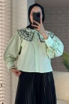 2088 Yakası Nakış Detaylı Tunik - SU YEŞİLİ