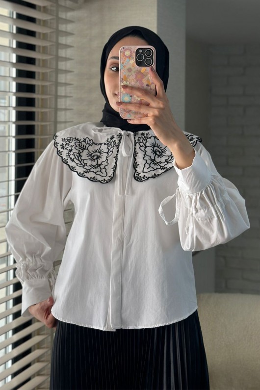 2088 Yakası Nakış Detaylı Tunik - BEYAZ 2088 Yakası Nakış Detaylı Tunik - BEYAZ