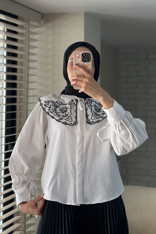 2088 Yakası Nakış Detaylı Tunik - BEYAZ 2088 Yakası Nakış Detaylı Tunik - BEYAZ