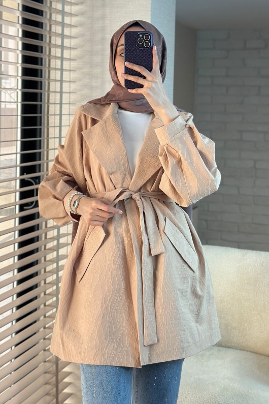 2090 Kabartma Desenli Trençkot - KREM 2090 Kabartma Desenli Trençkot - KREM