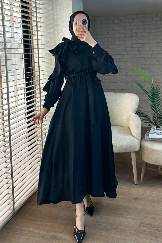 2092 Fiyonk Yakalı Elbise - SİYAH