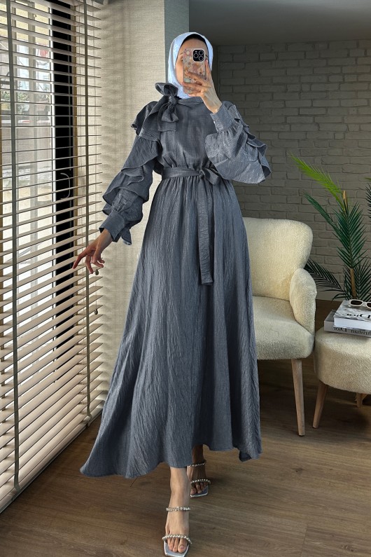 2092 Fiyonk Yakalı Elbise - GRİ