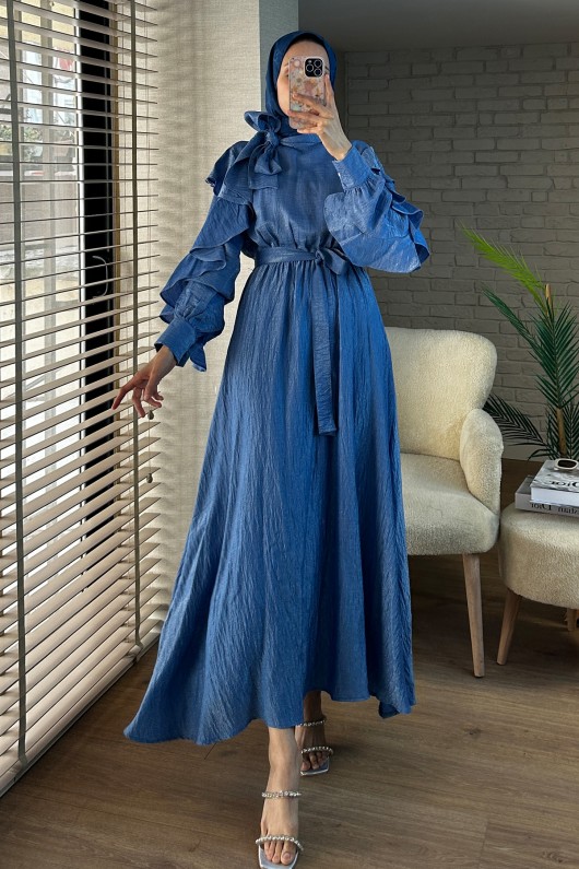 2092 Fiyonk Yakalı Elbise - MAVİ