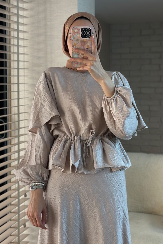 2096 Bluz ve Etek Takım - KREM