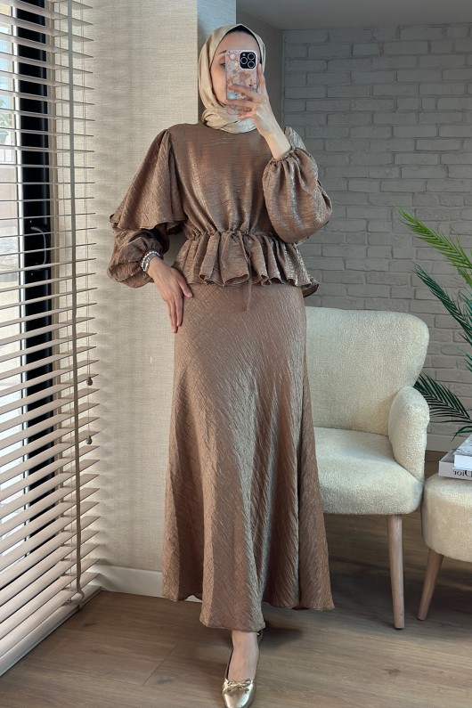2096 Bluz ve Etek Takım - KAHVERENGİ