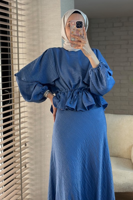 2096 Bluz ve Etek Takım - MAVİ