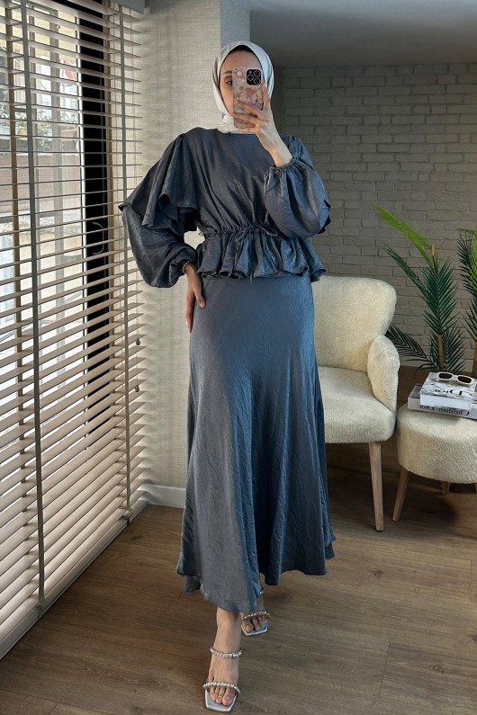 2096 Bluz ve Etek Takım - GRİ