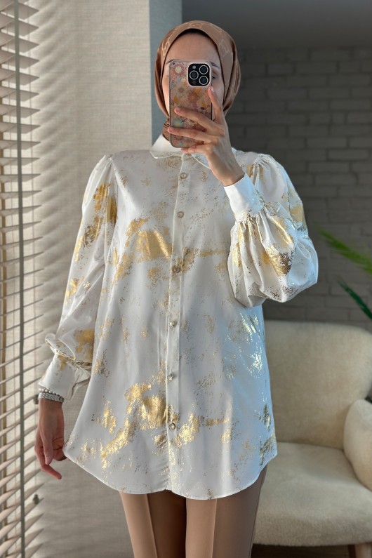 2098 Parlak Desenli Balon Kol Tunik - GOLD 2098 Parlak Desenli Balon Kol Tunik - GOLD