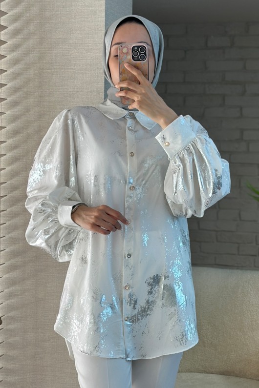 2098 Parlak Desenli Balon Kol Tunik - GÜMÜŞ 2098 Parlak Desenli Balon Kol Tunik - GÜMÜŞ