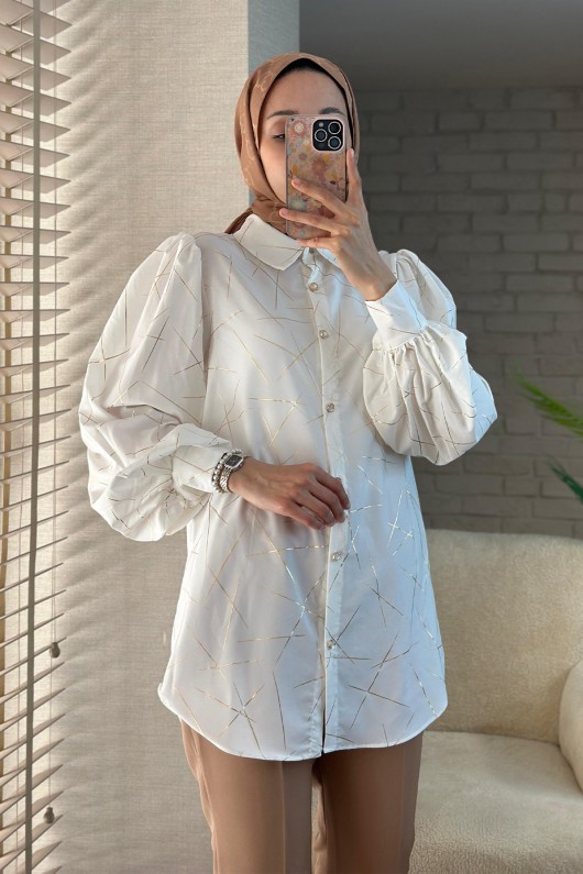 2098 Parlak Çizgili Balon Kol Tunik - GOLD 2098 Parlak Çizgili Balon Kol Tunik - GOLD