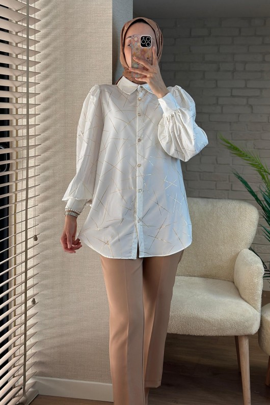 2098 Parlak Çizgili Balon Kol Tunik - GOLD 2098 Parlak Çizgili Balon Kol Tunik - GOLD